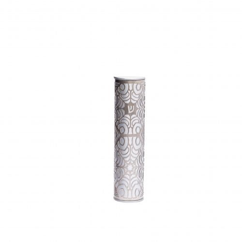 Yair Emanuel:Mezuzah Case-Semi-Circle-Stainless Steel overlaid with Silver Pomegranate Cutout 10cm