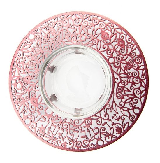 Yair Emanuel:Yair Emanuel:Honey Dish-Glass With Maroon Metal Cutout-Shana Tova Umetuka Inscription