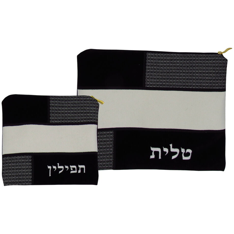 Tallis & Tefilin Set - Suede Look Black and White 3 Tone Design
