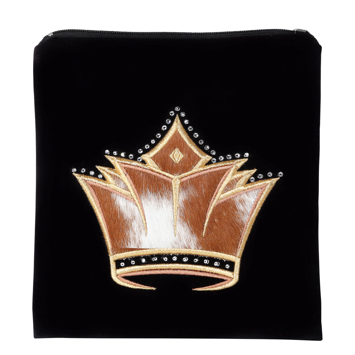 Tefilin Bag Bar Mitzva Size - Suede - Black With Gold Crown-Brown Fur Design