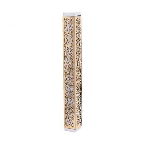 Yair Emanuel:Mezuzah Case -Stainless Steel with Gold Coloured Metal Cutout Pomegranate Design