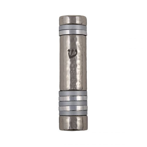 Yair Emanuel:Mezuzah Case - Hammered Metal with Silver Rings 10cm