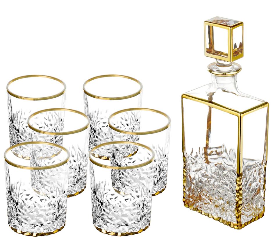BT Shalom : Crystal Decanter with  6 Kiddush Cups- Gold Geometric Design  (Price Excludes VAT) - Ret
