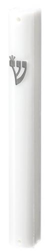 Art Judaica: Mezuzah Case Plastic White - Silver Shin - Screw 12 Cm