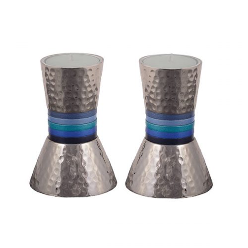 Yair Emanuel: Candlesticks - Small-Hammered Metal with Blue Rings  13 cm