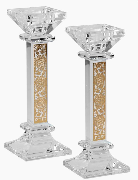Candlesticks-Crystal With Gold Floral Design 17.8cm