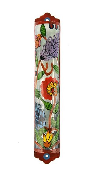Yair Emanuel: Mezuzah Case - Hand Painted Laser Cut with Flowers Design 12cm