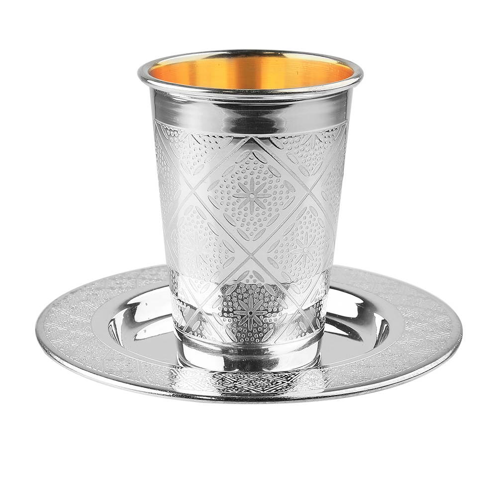 Kiddush Cup and Tray-Silver Coated - Diamond Decoration 165ml