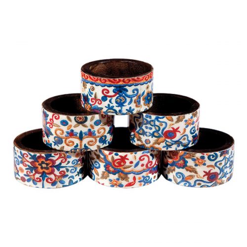 Yair Emanuel:Napkin Rings -Wood- Set of 6 with Multicolor Pomegranate Design
