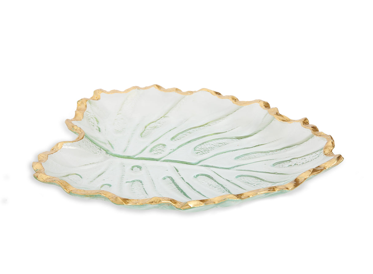 Glass Leaf Dish with Gold Rim-- 28x24 cm