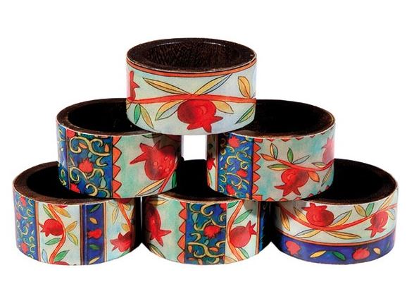 Yair Emanuel:Napkin Rings -Wood- Set of 6 with Pomegranate Design