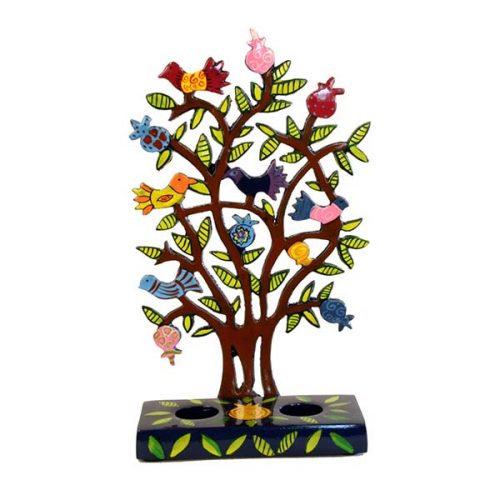 Yair Emanuel: Candlesticks -Laser Cut with Hand Painted  Pomegranate Tree