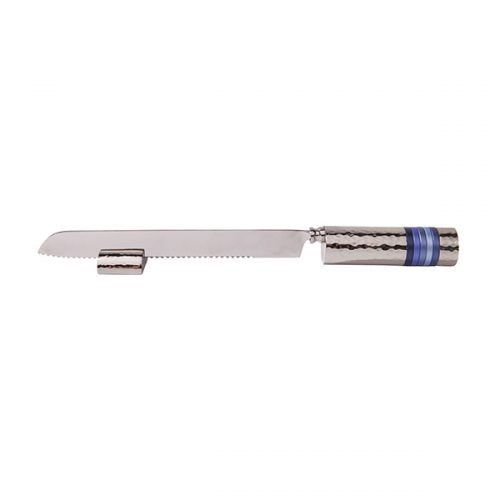 Yair Emanuel: Challah Knife - Blue Rings on Hammered Metal Handle
