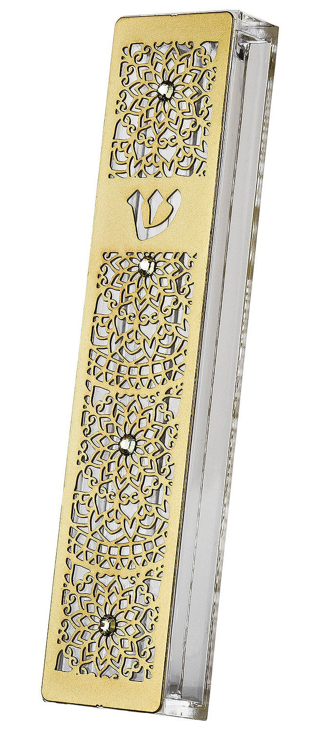 Dorit Judaica:Mezuzah Case With Swarovski Stones - Arabesque -Gold Plated Stainless Steel 12cm