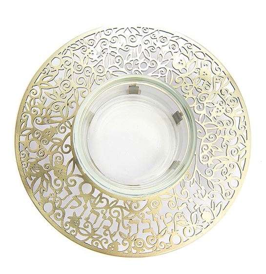 Yair Emanuel:Honey Dish-Glass With Brass Metal Cutout-Shana Tova Umetuka Inscription