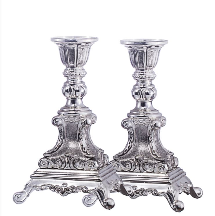 Candlesticks-Nickel Plated-Ornate Design-Silver Colour 15.2cm