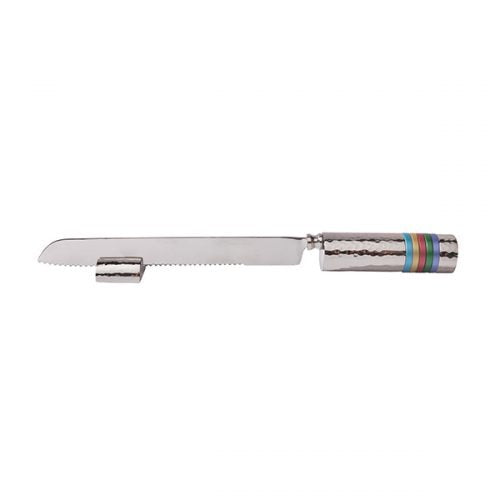 Yair Emanuel:Challah Knife -Multicolour Rings on Hammered Metal Handle
