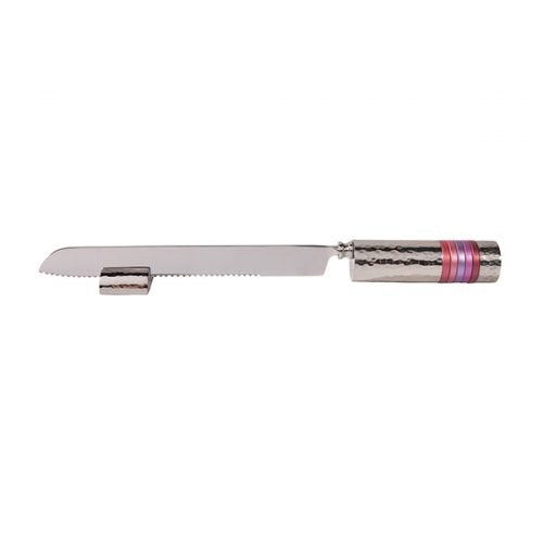 Yair Emanuel: Challah Knife-Maroon Rings on Hammered Metal Handlen