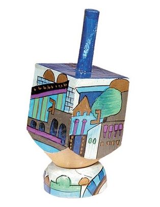 Yair Emanuel:Dreidel with Stand -Wood-Jerusalem Images-Blue-  Small