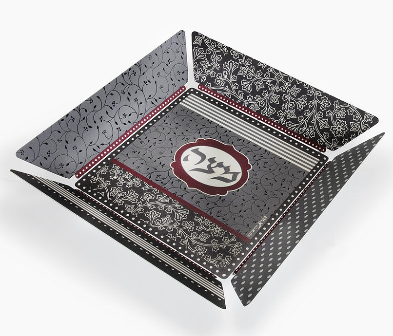 Dorit Judaica:Matza Plate -Floral Design in  Grey,Bordeaux and Black