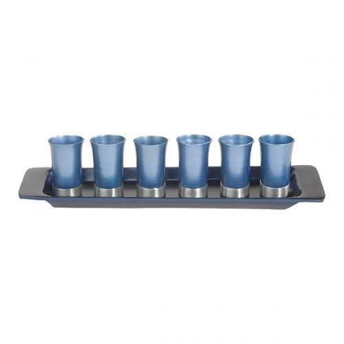 Yair Emanuel:Set of 6 Small Kiddush Cups with Tray- Anodized Aluminium-Silver